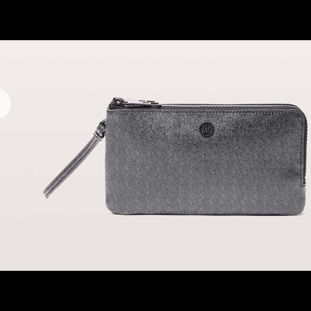 LULULEMON DOUBLE ZIP POUCH IN GREY METALLIC WITH BLACK TRIM.
